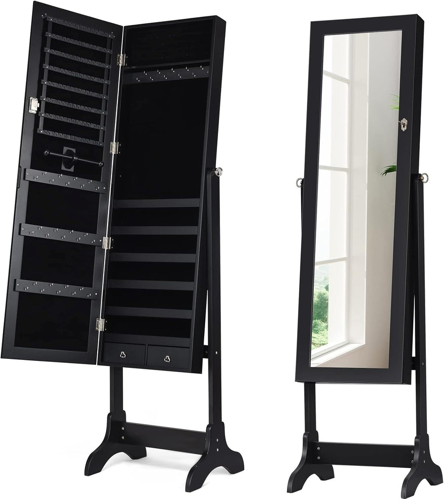 Lockable Standing Jewelry Armoire Full Length Mirror Large Storage Black