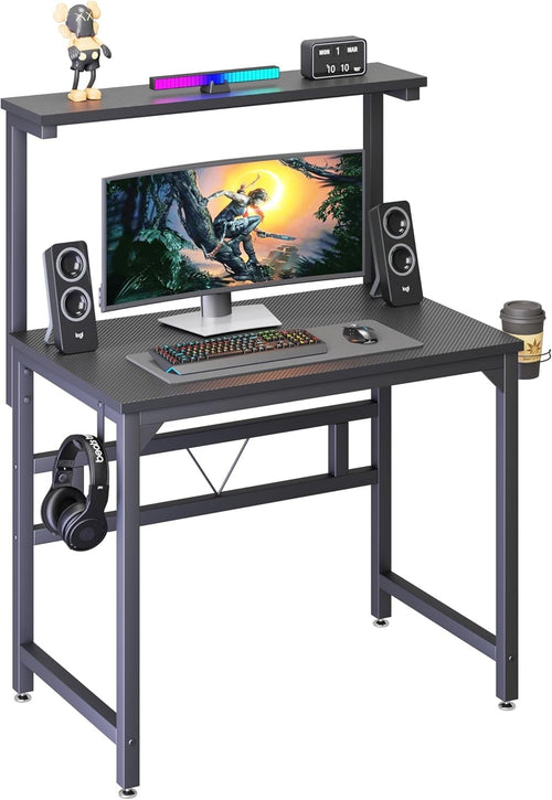 Black 80cm Gaming Desk w/Adjustable Monitor Stand & Cup Holder Office