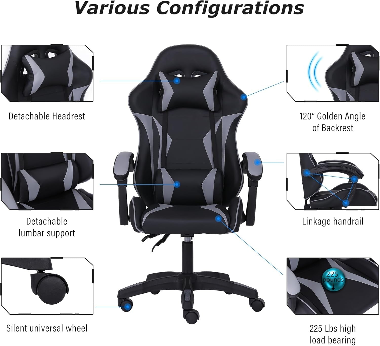 Ergonomic Gaming Chair w/ Lumbar Support Headrest Swivel Grey