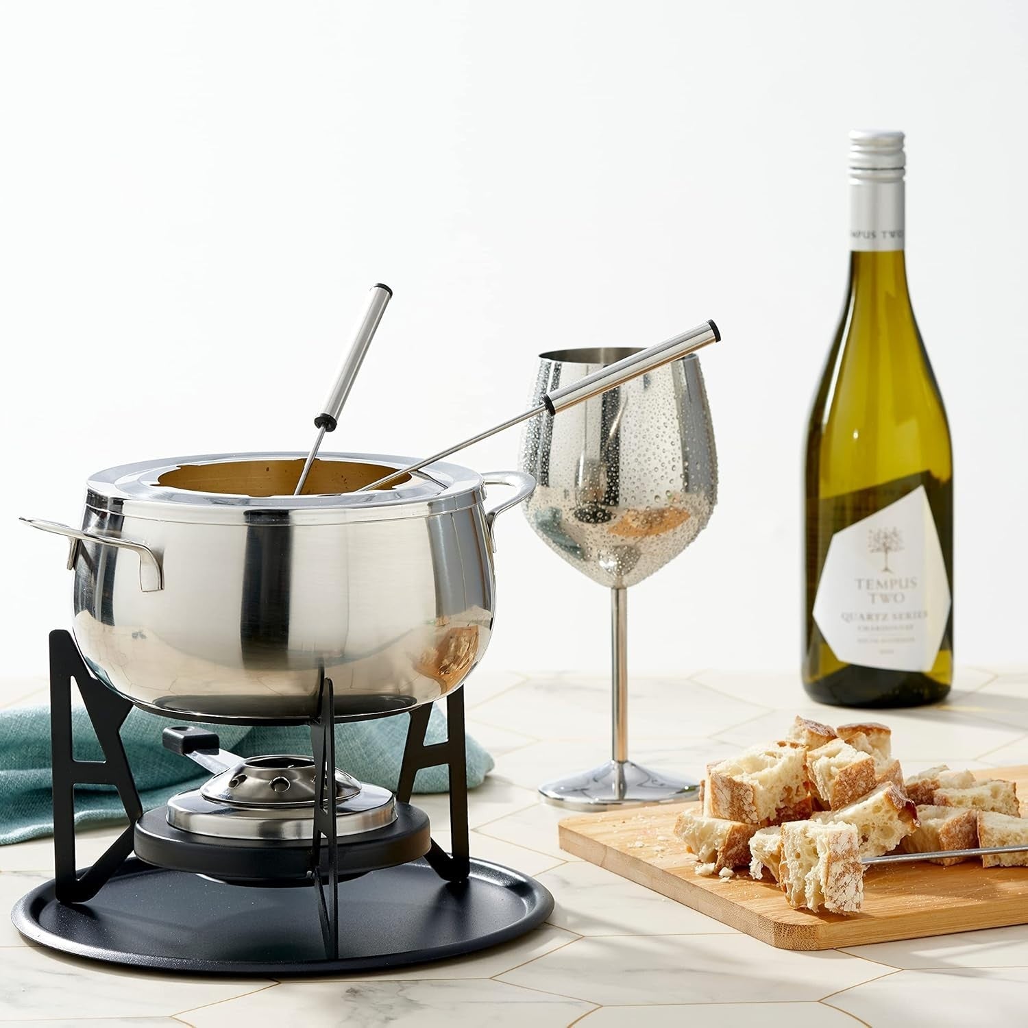 Stainless Steel Fondue Set Cheese Chocolate Pot 6 Fork Silver