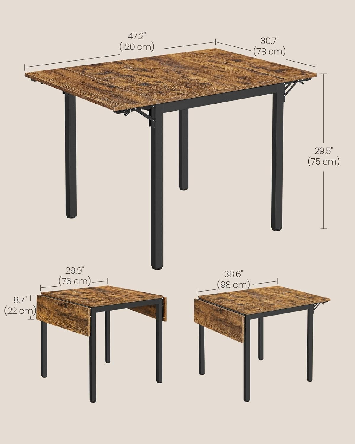 Industrial Drop Leaf Dining Table Folding Rustic Brown Black 2–4 Seater