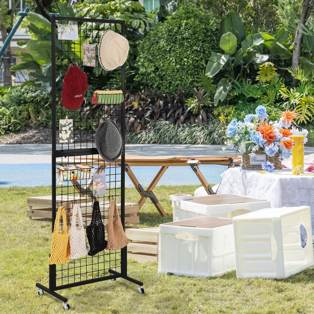 Freestanding Grid Wall Display Rack with Wheels – Black Wire Grid Panel Stand fo