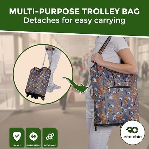 Eco Chic Folding Shopping Trolley with 25L Detachable Tote – Highland Cow Teal