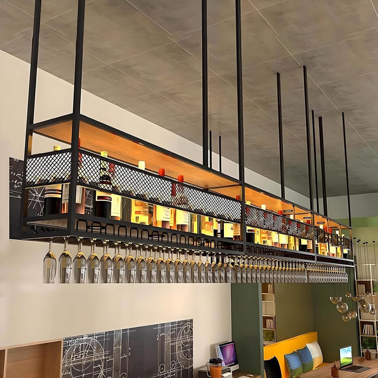 Ceiling Hanging Wine Rack 2-Tier Bar Bottle & Glass Holder Storage Shelf 120cm