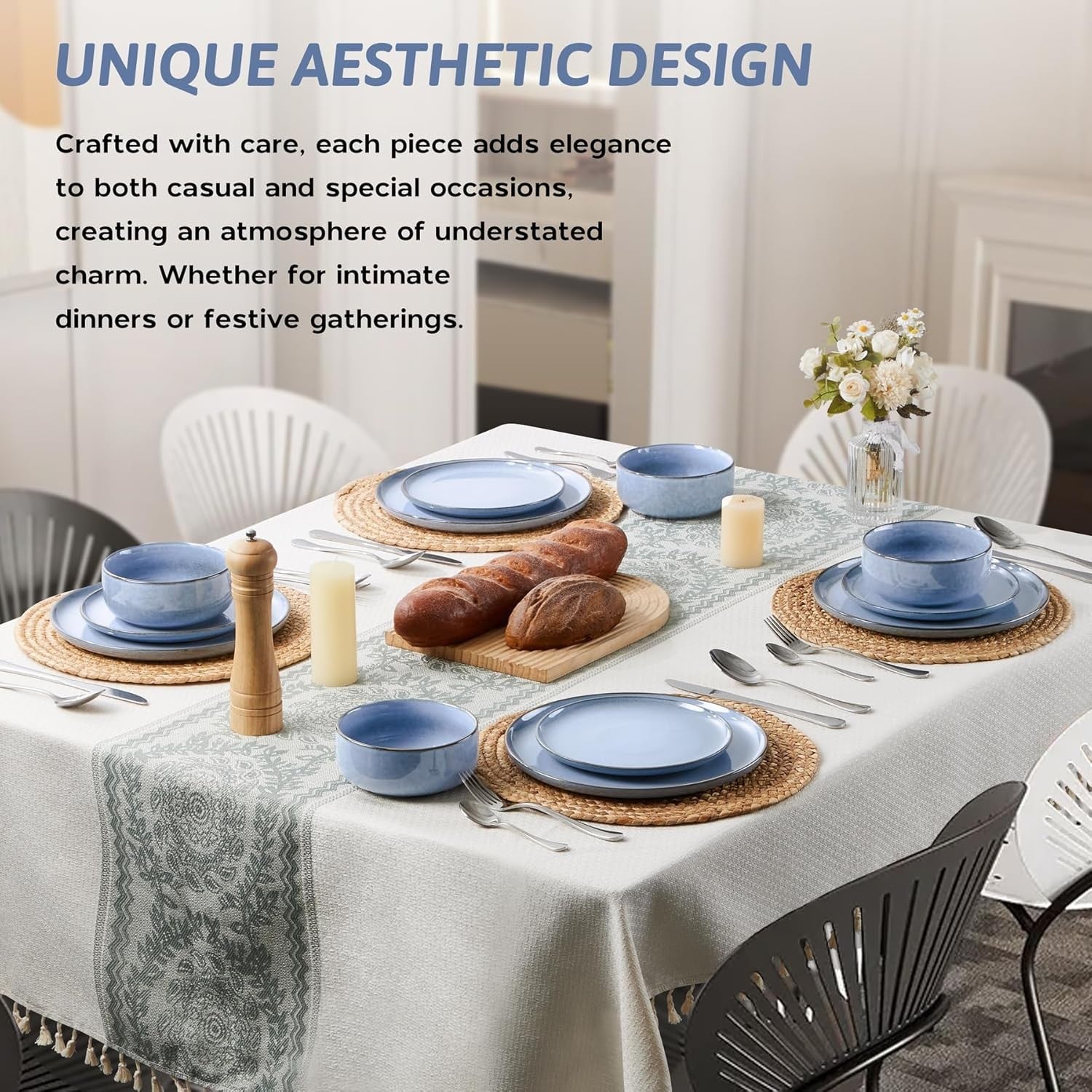 12pc Stoneware Dinner Set for 4 Blue Plates Bowls Microwave Safe