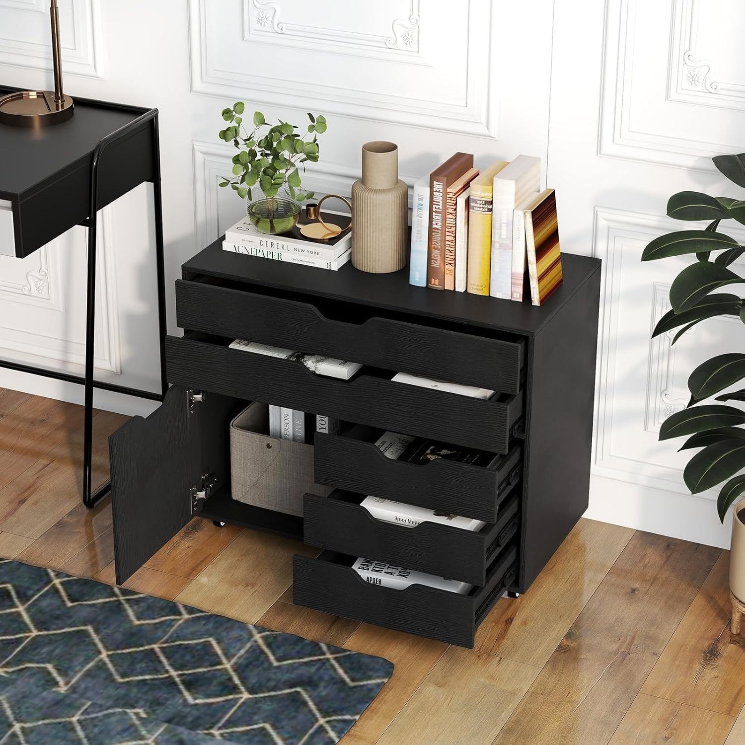 Black Mobile File Cabinet 5 Drawer Side Cupboard Rolling Printer Stand