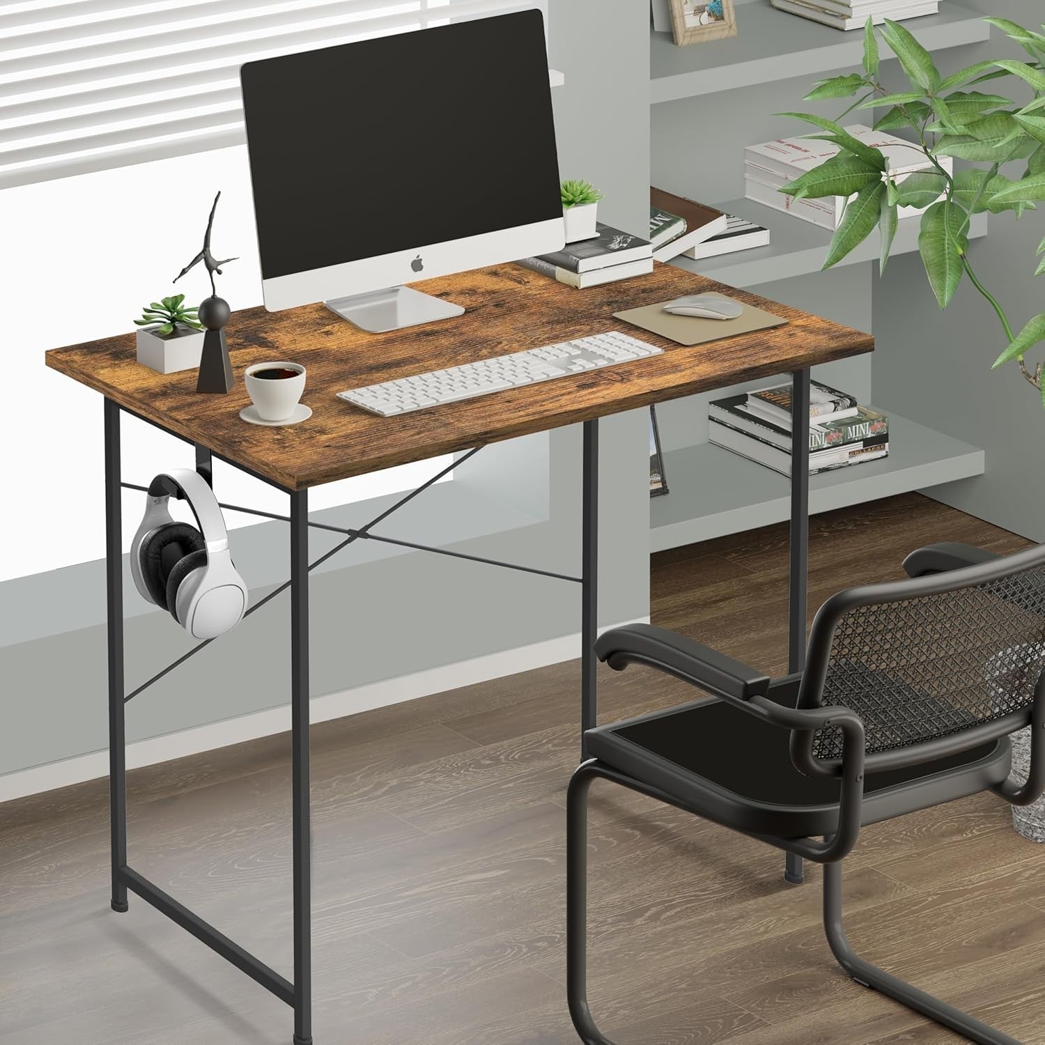 Compact Wooden Computer Desk 80cm Small Brown Office Study Table with Hook