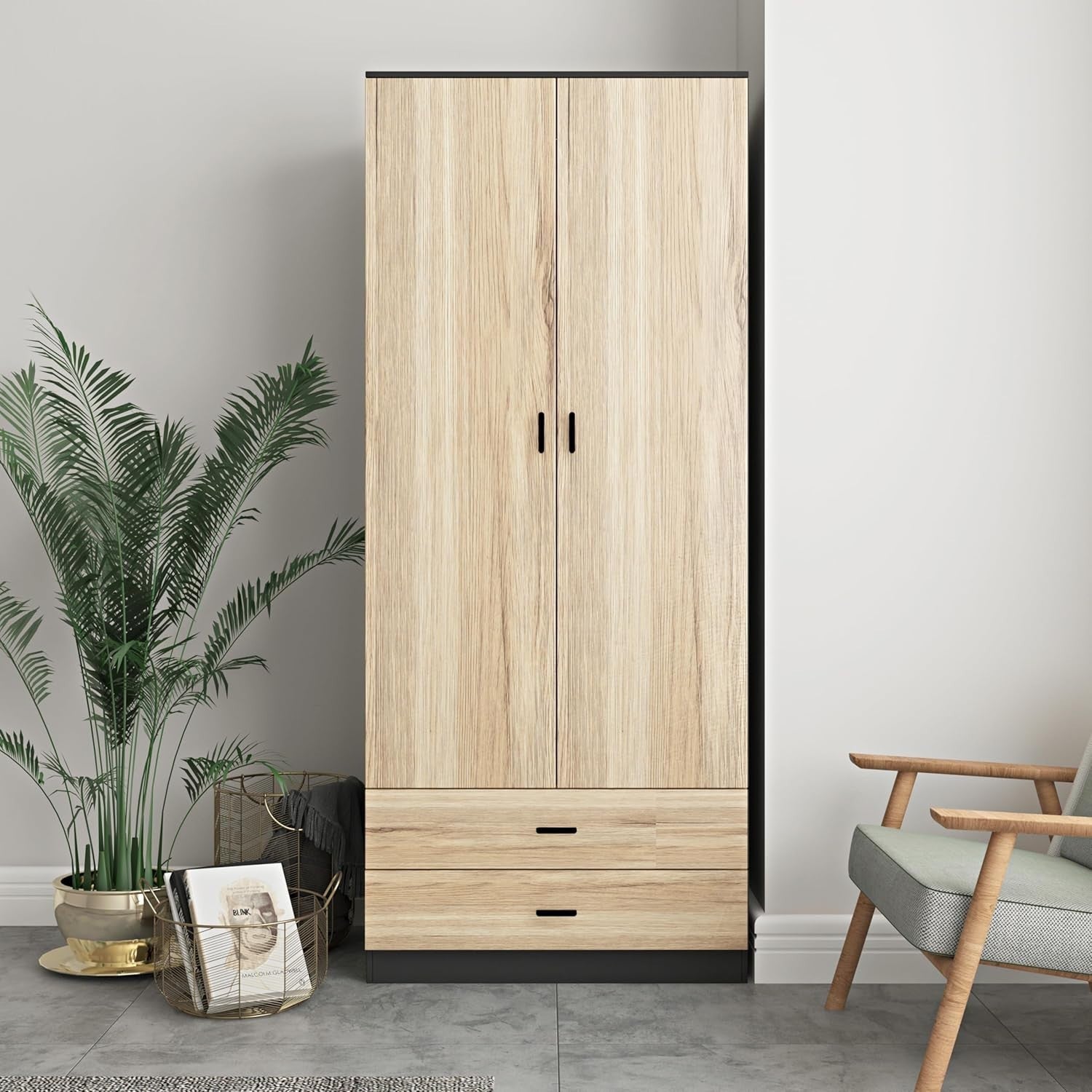 Black Oak 2 Door Wardrobe with Drawers Hanging Rail Bedroom Storage