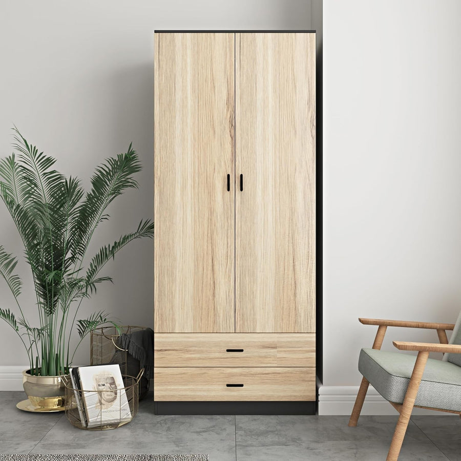 Black Oak 2 Door Wardrobe with Drawers Hanging Rail Bedroom Storage