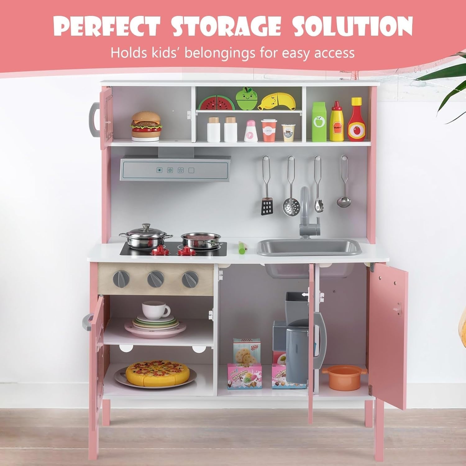 Wooden Kids Play Kitchen Light Pink Toy Set Oven Microwave Sound