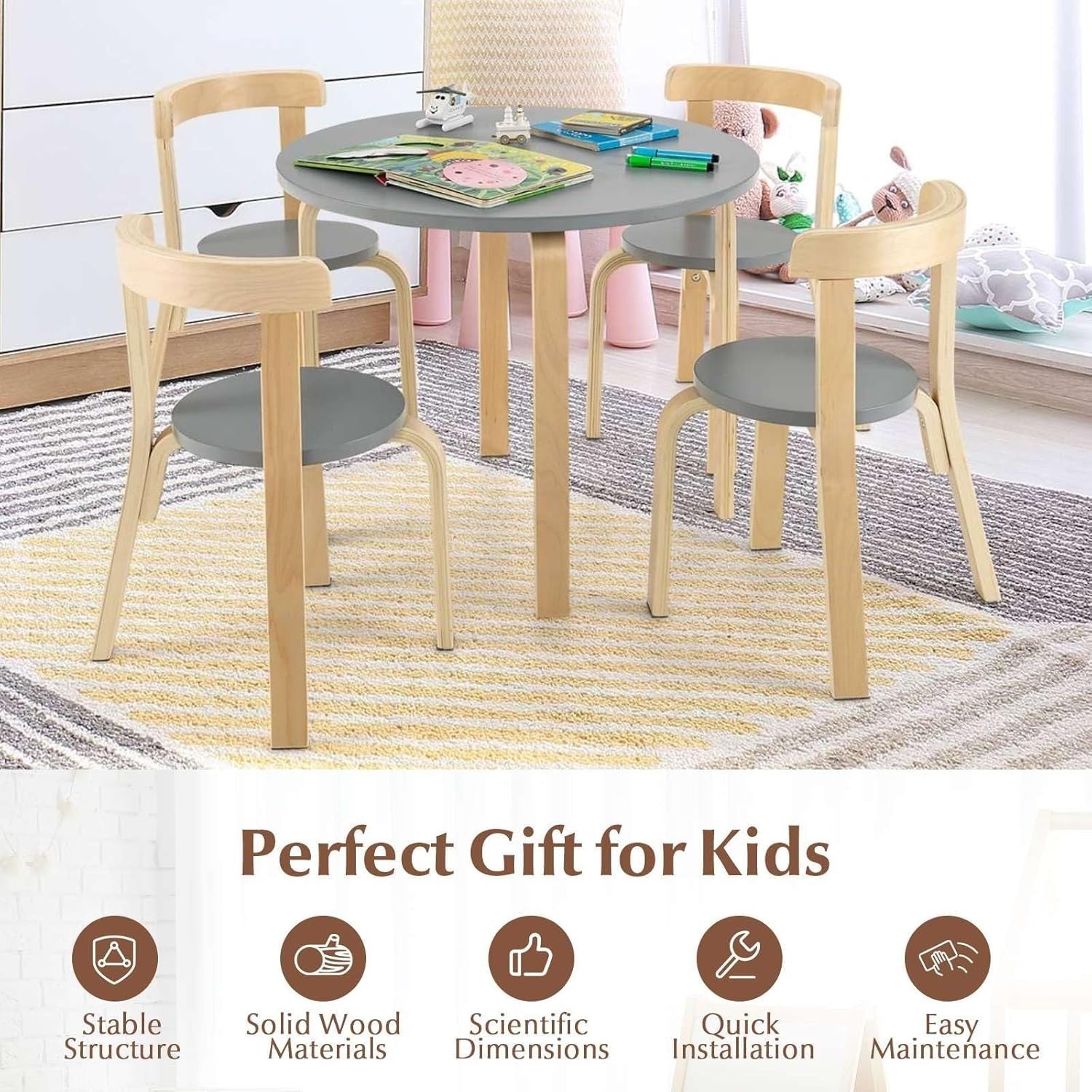 Kids Round Table & 4 Chairs Set Wooden Activity Desk Space-Saving Design