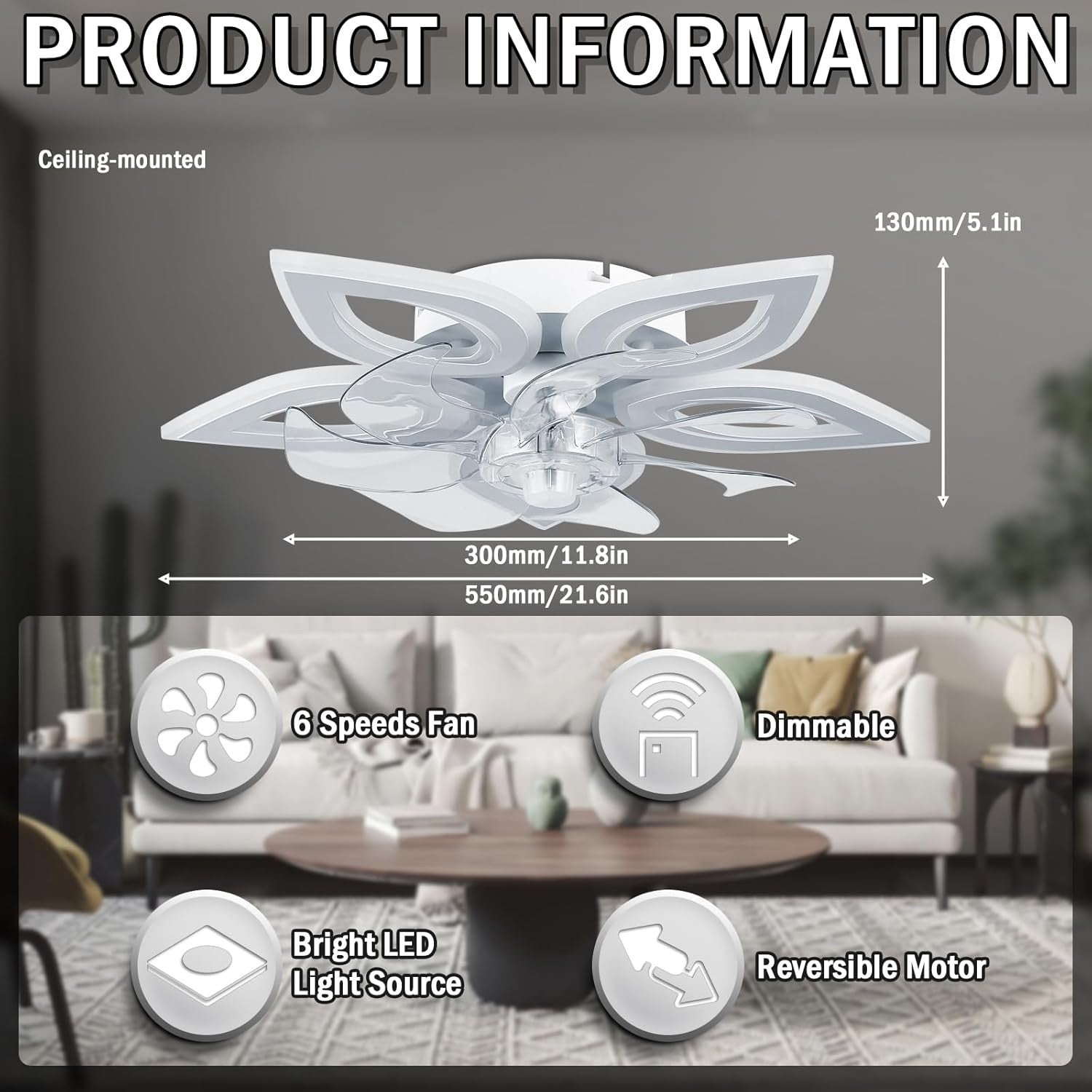 55CM Ceiling Fan with Light, 6-Speed, Remote, White, LED
