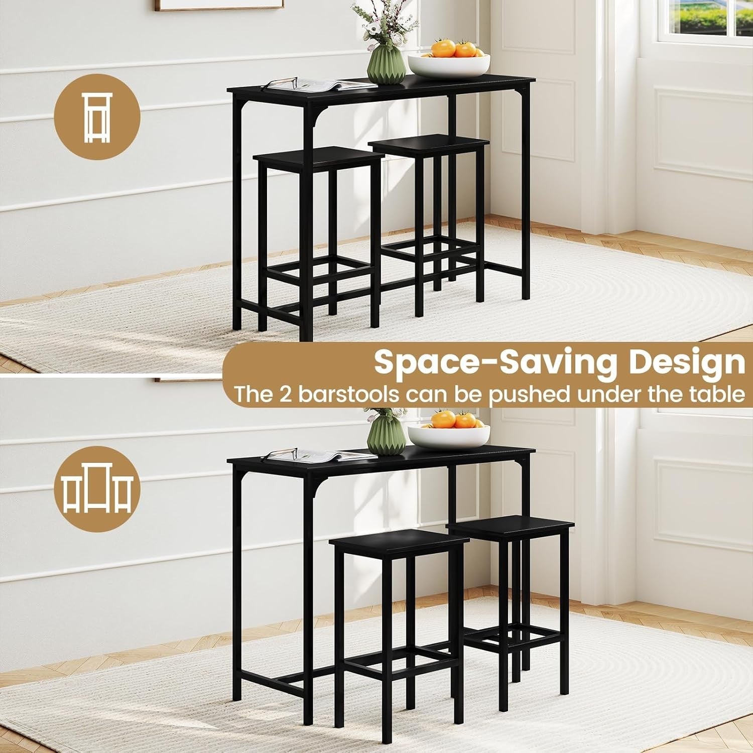 3PCS Bar Table Set with 2 Stools Counter Height Dining Set Space Saving Black