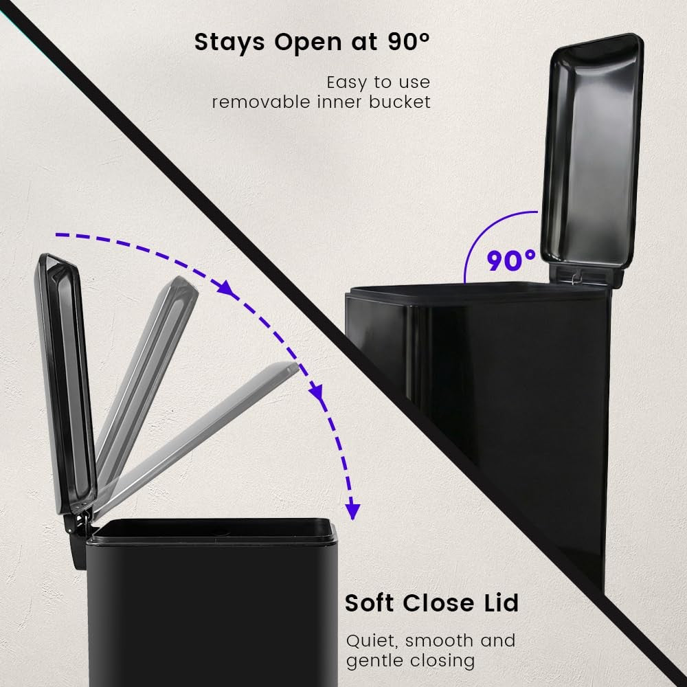 45L Kitchen Pedal Bin Soft Close Stainless Steel Black