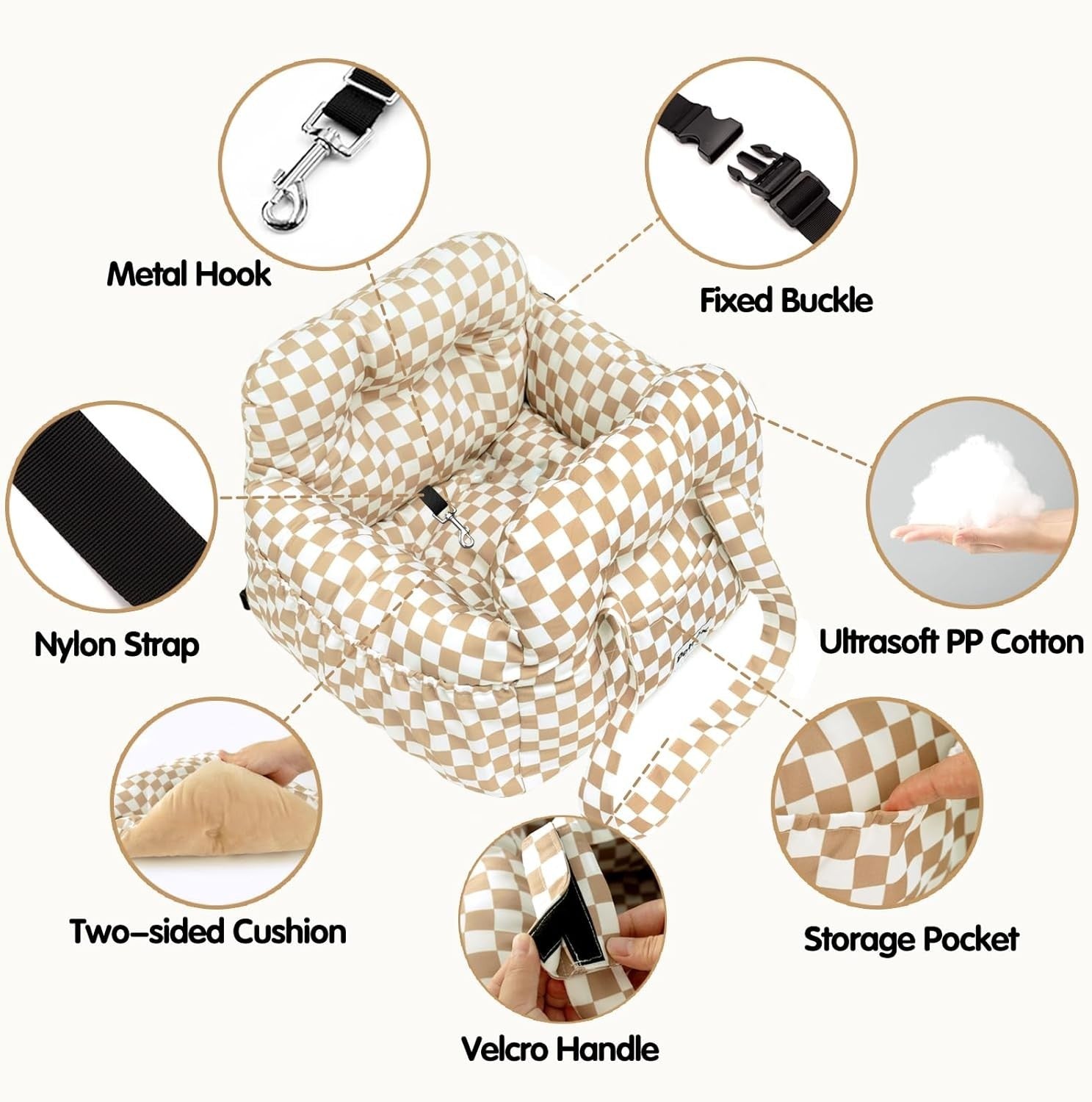 Dog Car Booster Seat Pet Travel Carrier Bed Safety Leash Checkered Khaki