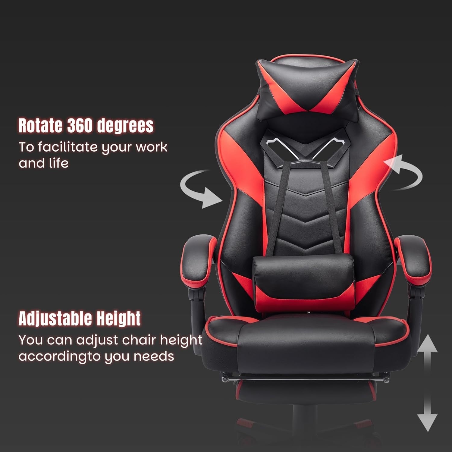 Red Faux Leather Gaming Chair w/ Recline, Footrest, Massage, Swivel, Ergonomic
