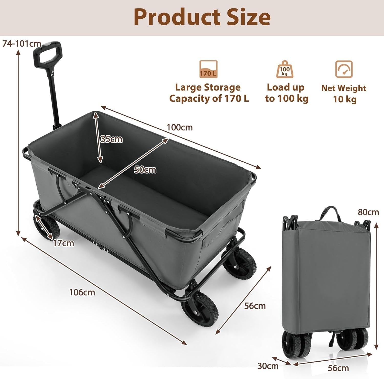 Grey Folding Garden Trolley Cart 170L Collapsible Wagon w/ Adjustable Handle
