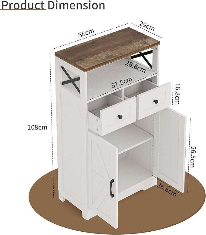 Modern White Sideboard Cabinet with 2 Drawers & Open Shelf 108x35x79cm