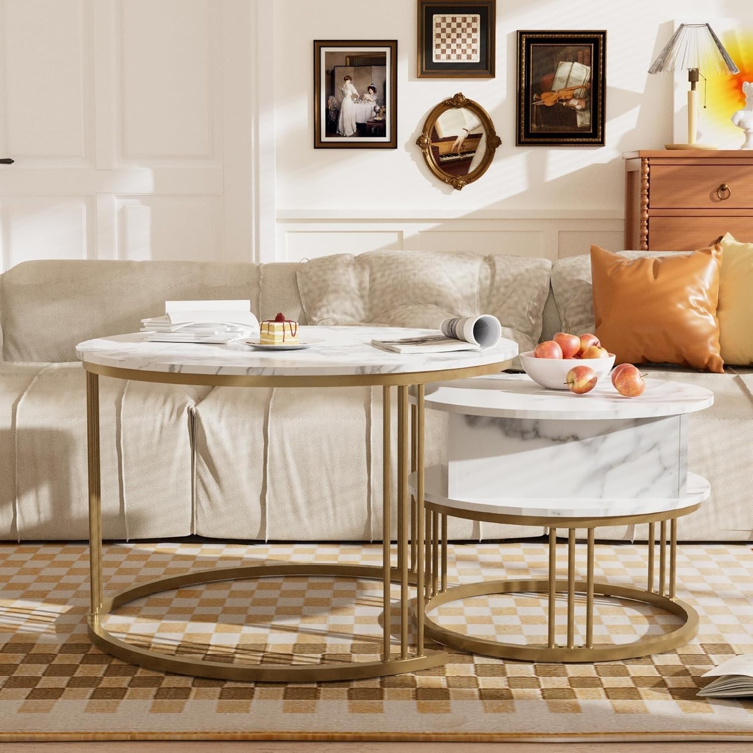 Marble Nesting Coffee Table Set, Lift-Top Hidden Storage, Round End Tables