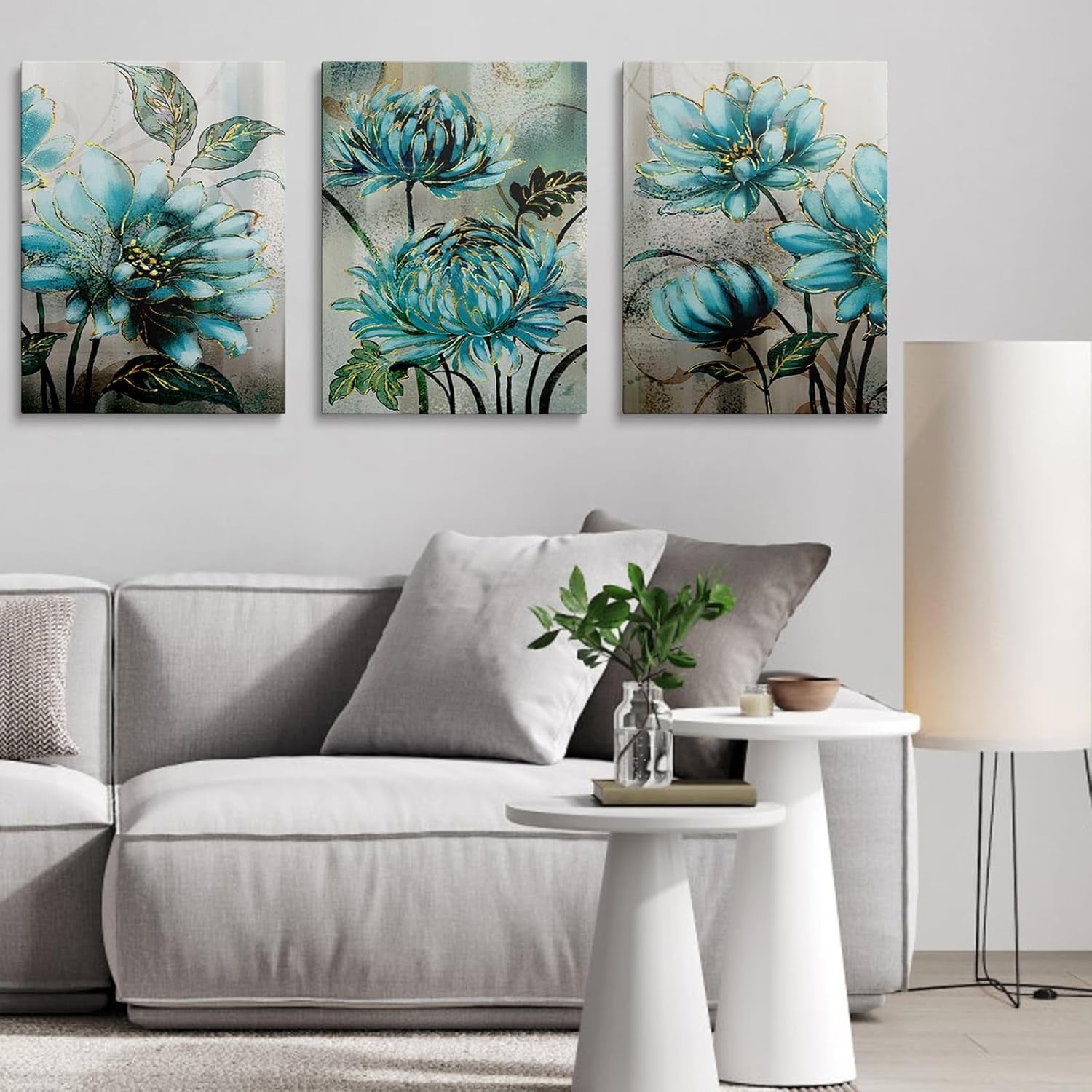 Framed Blue Floral Canvas Wall Art Set of 3 16x12 Modern Decor