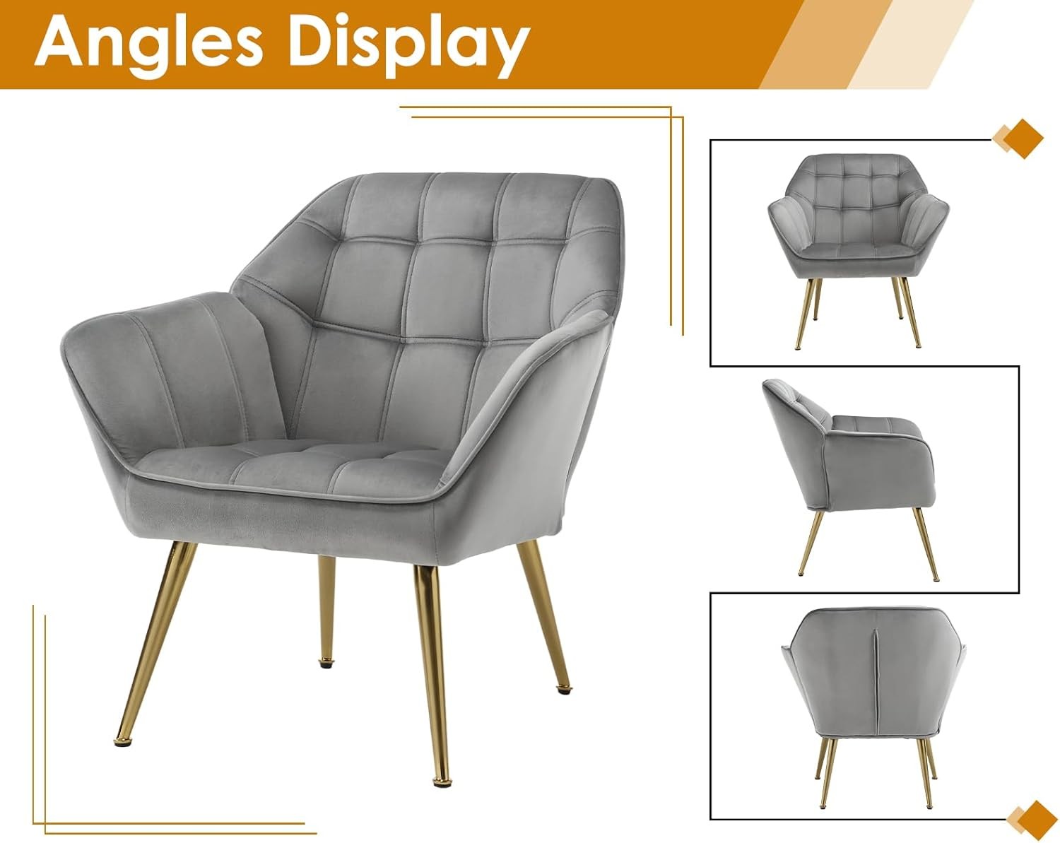 Grey Velvet Accent Armchair Gold Metal Legs Modern Lounge Chair