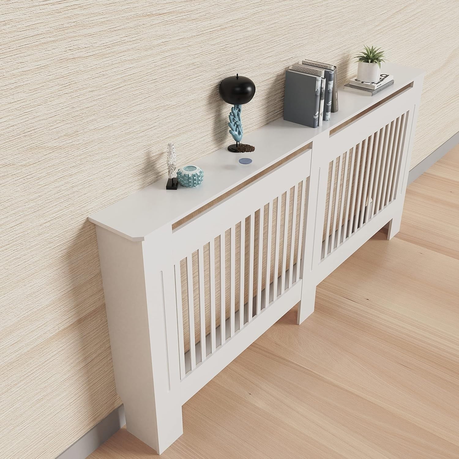 Large White Radiator Cover Cabinet 92cm MDF Vertical Slatted Heater Shelf