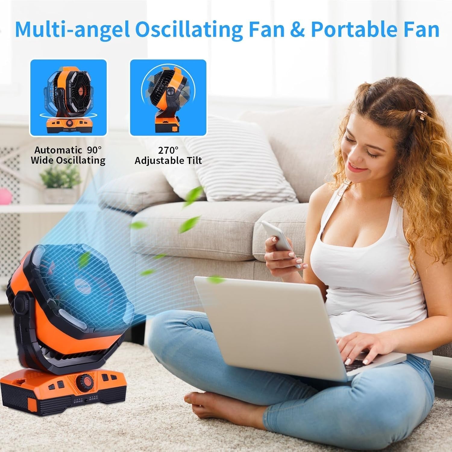 Camping Fan 20000mAh Rechargeable – Portable LED Light Desk Fan w/ Remote Orange