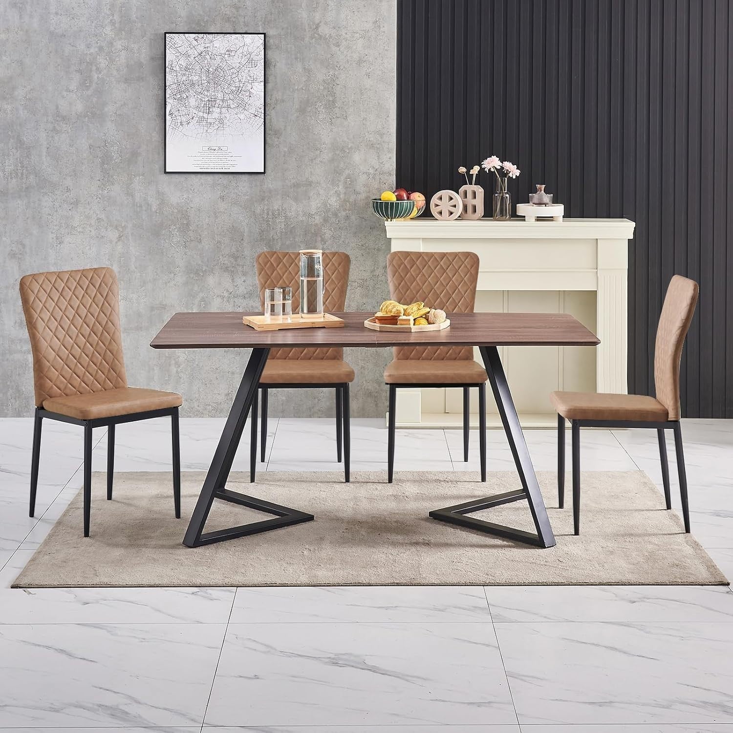 Modern Dining Table Set 6 with 6 Brown PU Leather Chairs Oak Kitchen Table