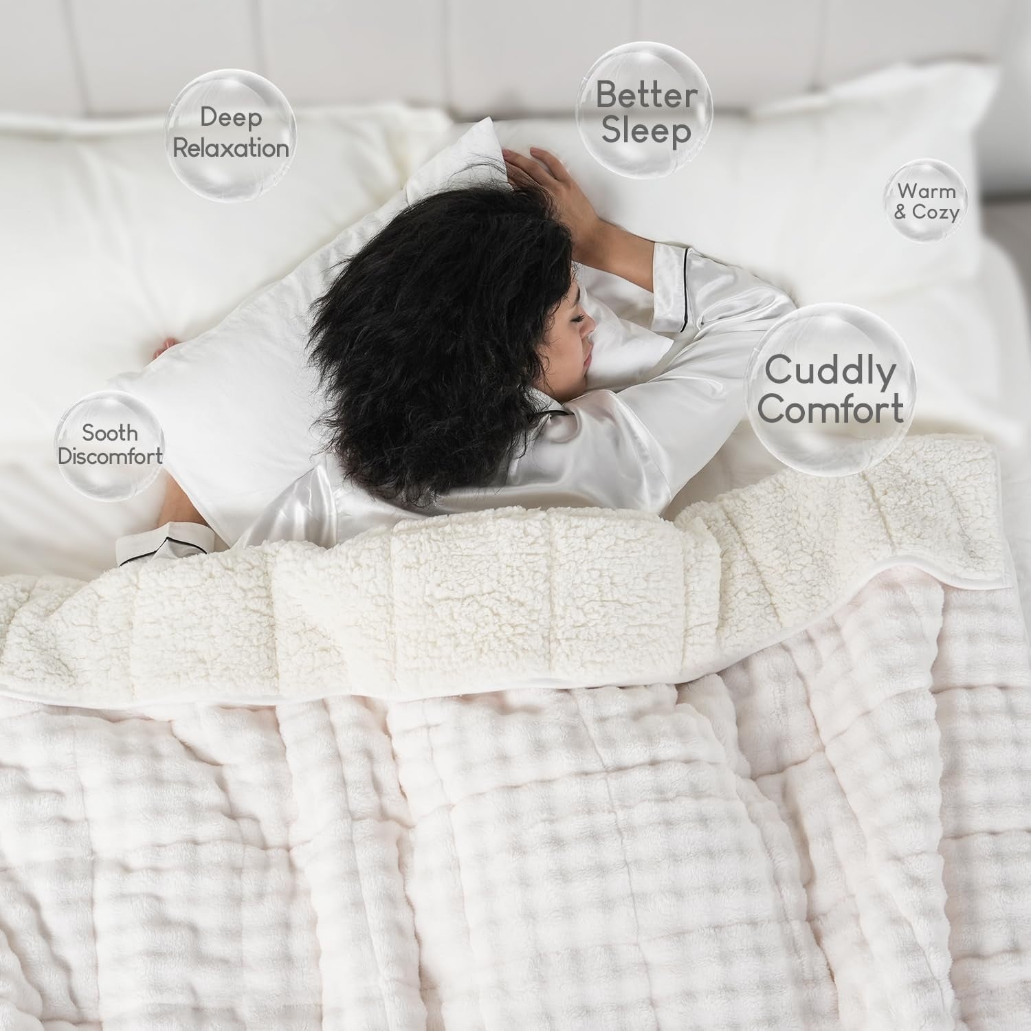 15lb Weighted Blanket, Cream White Bubble Sherpa Fleece 60x80 Cozy Plush