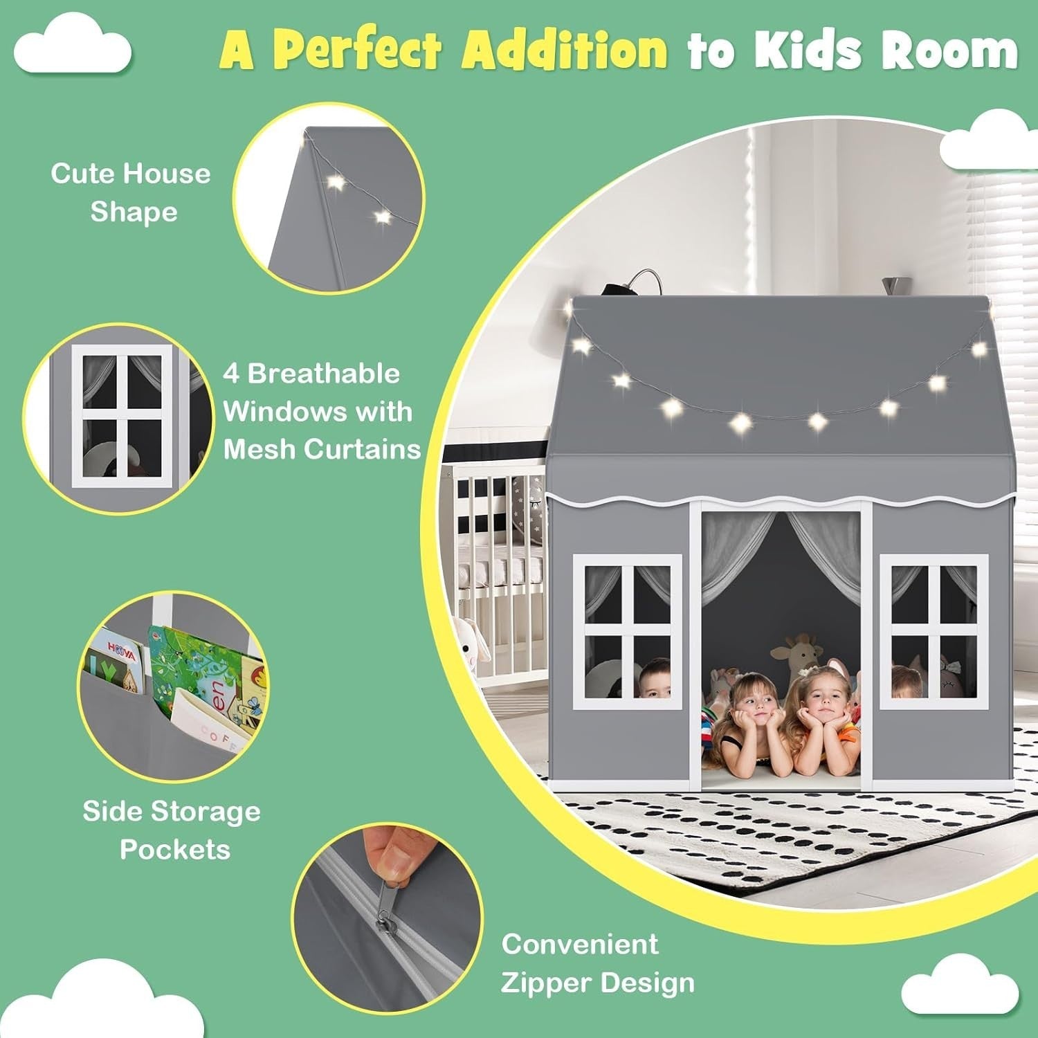 Large Kids Play Tent Indoor Outdoor Castle w Star Lights Non Slip Mat