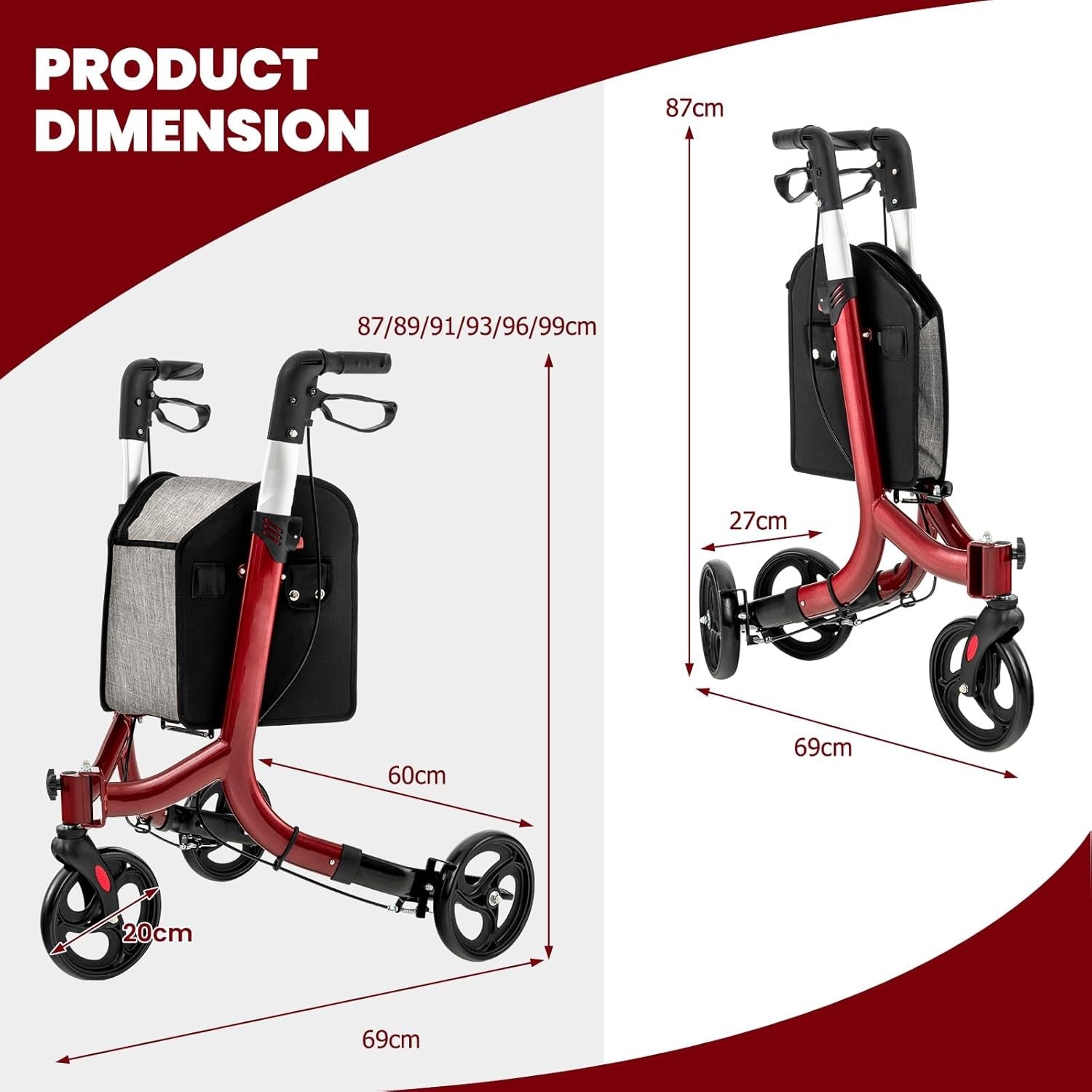3 Wheel Folding Rollator Walker Lightweight Adjustable Mobility Aid Brakes