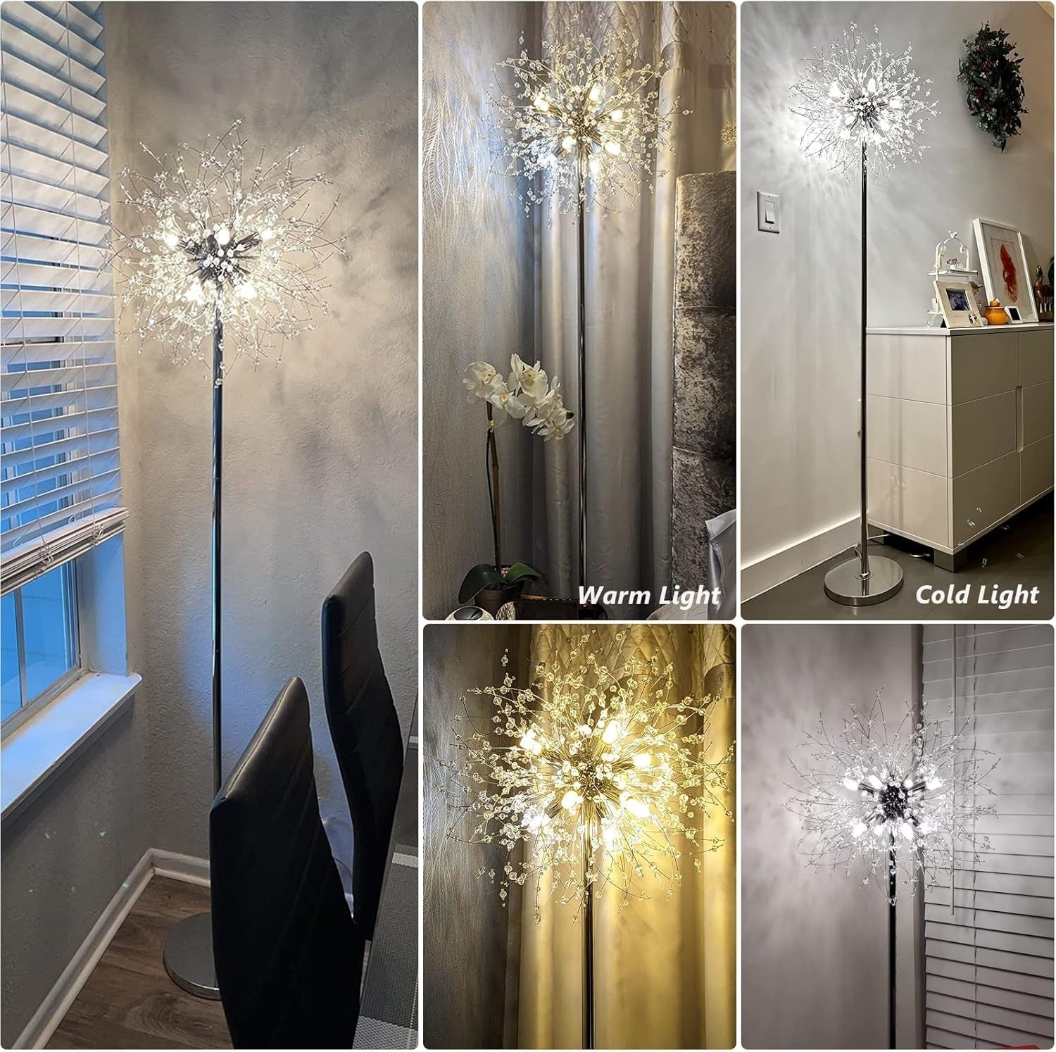 Modern Crystal Floor Lamp Chrome, 8-Light Firework Design, 170cm Tall