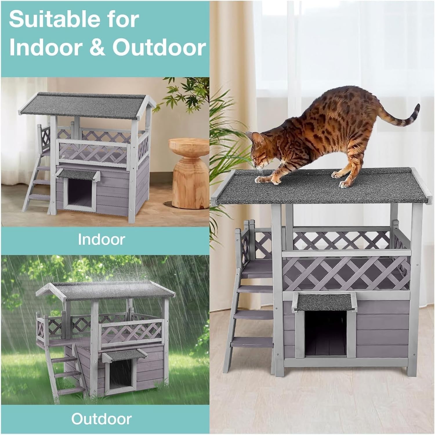 Weatherproof 2-Story Outdoor Cat House with Balcony & Side Stairs 30"L