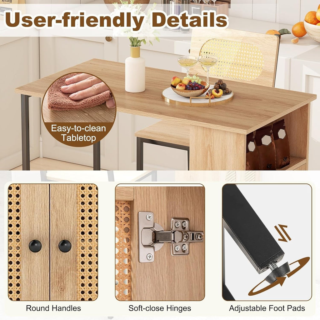 3Pcs Rattan Bar Table Set with Storage Cabinet & 2 Chairs Natural Wood Furniture