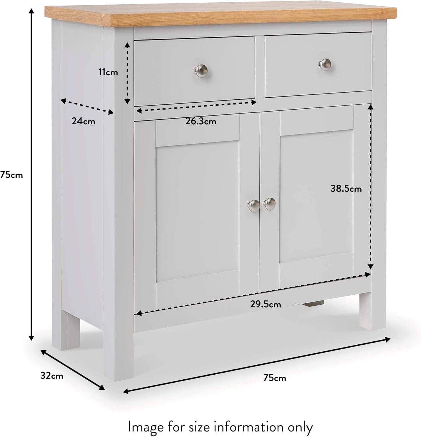 Grey Wooden Sideboard Storage Cabinet 2 Door Cupboard | Drawers & Oak Top Unit