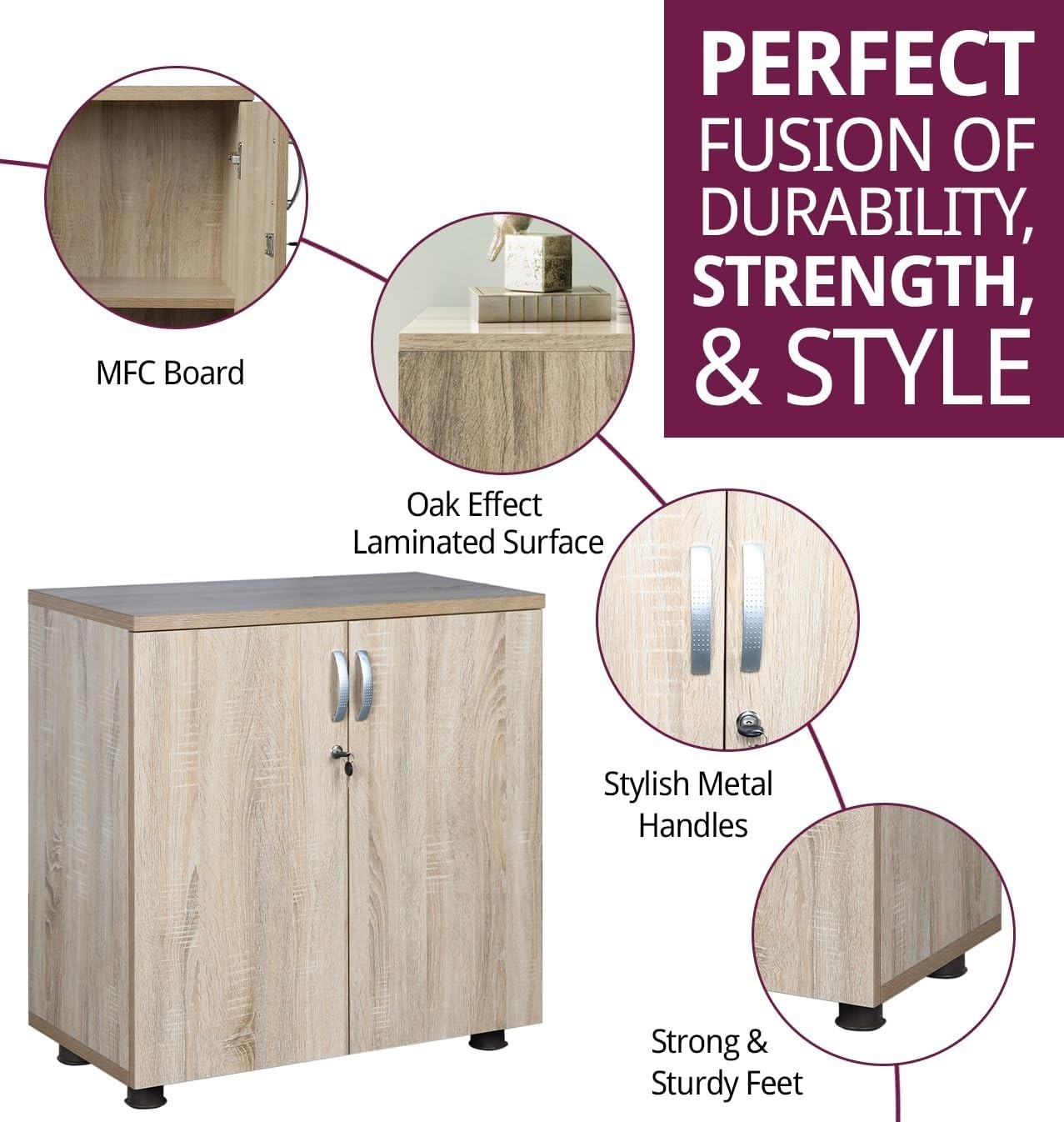 Oak Effect Lockable Office Cupboard Storage Cabinet with Shelf