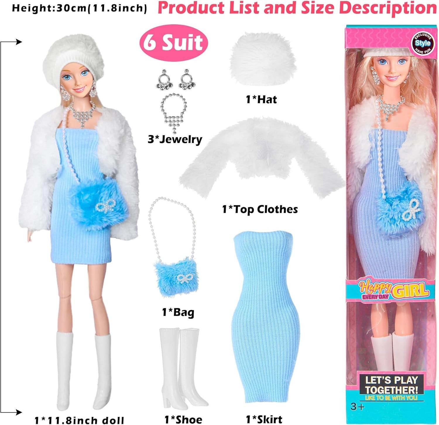 11.5 Inch Princess Dolls Set 6 Pack Fashion Dolls w/ Dresses Accessories