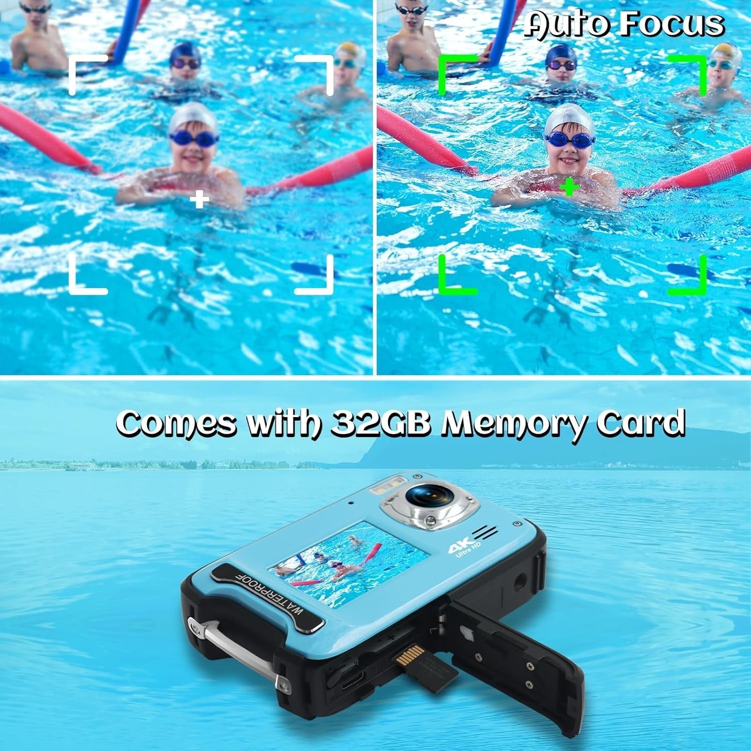 4K Waterproof Camera 48MP Dual Screen Snorkeling Camera 32GB