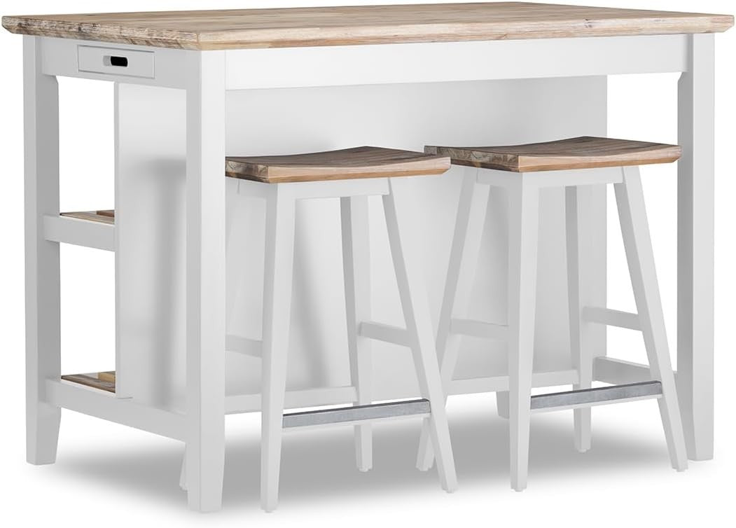 White Kitchen Island 126cm with Shelves, Hidden Tray & Acacia Wood Top Furniture