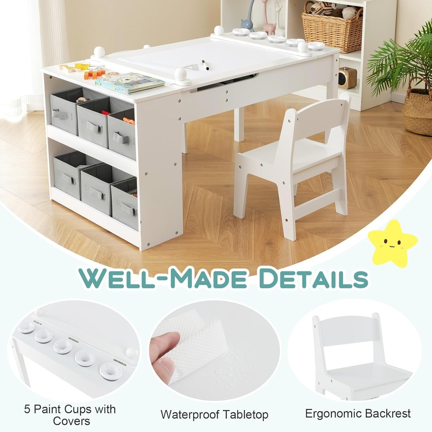 Kids 2-in-1 Art Table & Chair Set with Storage Bins & Paper Roll, White