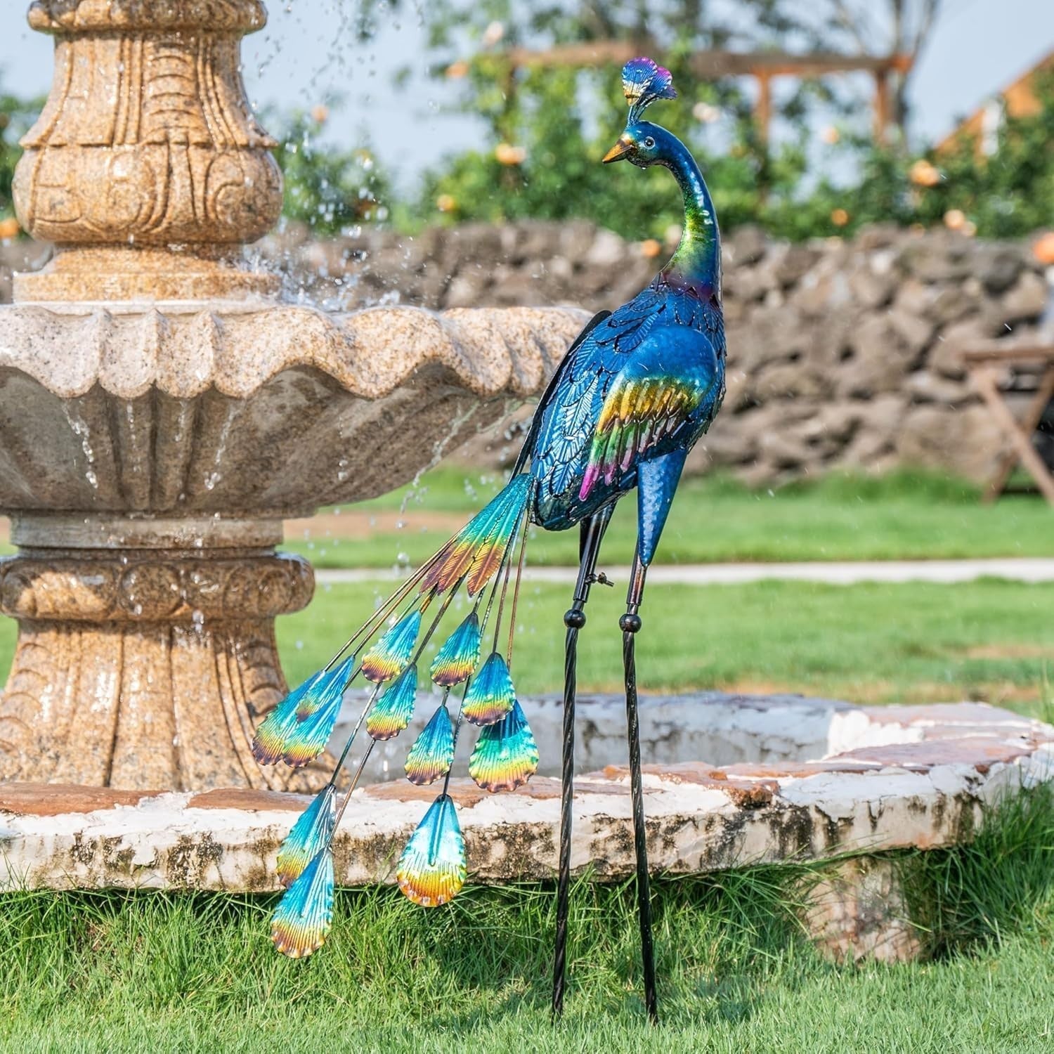 24" Metal Peacock Garden Statue – Outdoor Yard Lawn Ornament Bird Art Sculpture