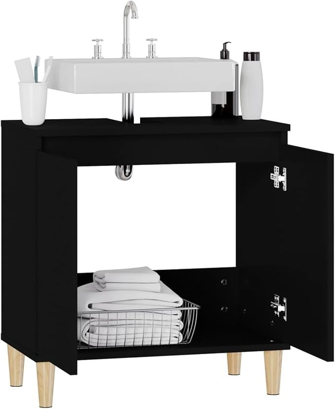 Modern Black Bathroom Sink Cabinet Cupboard 58x33x60cm Vanity Storage Unit
