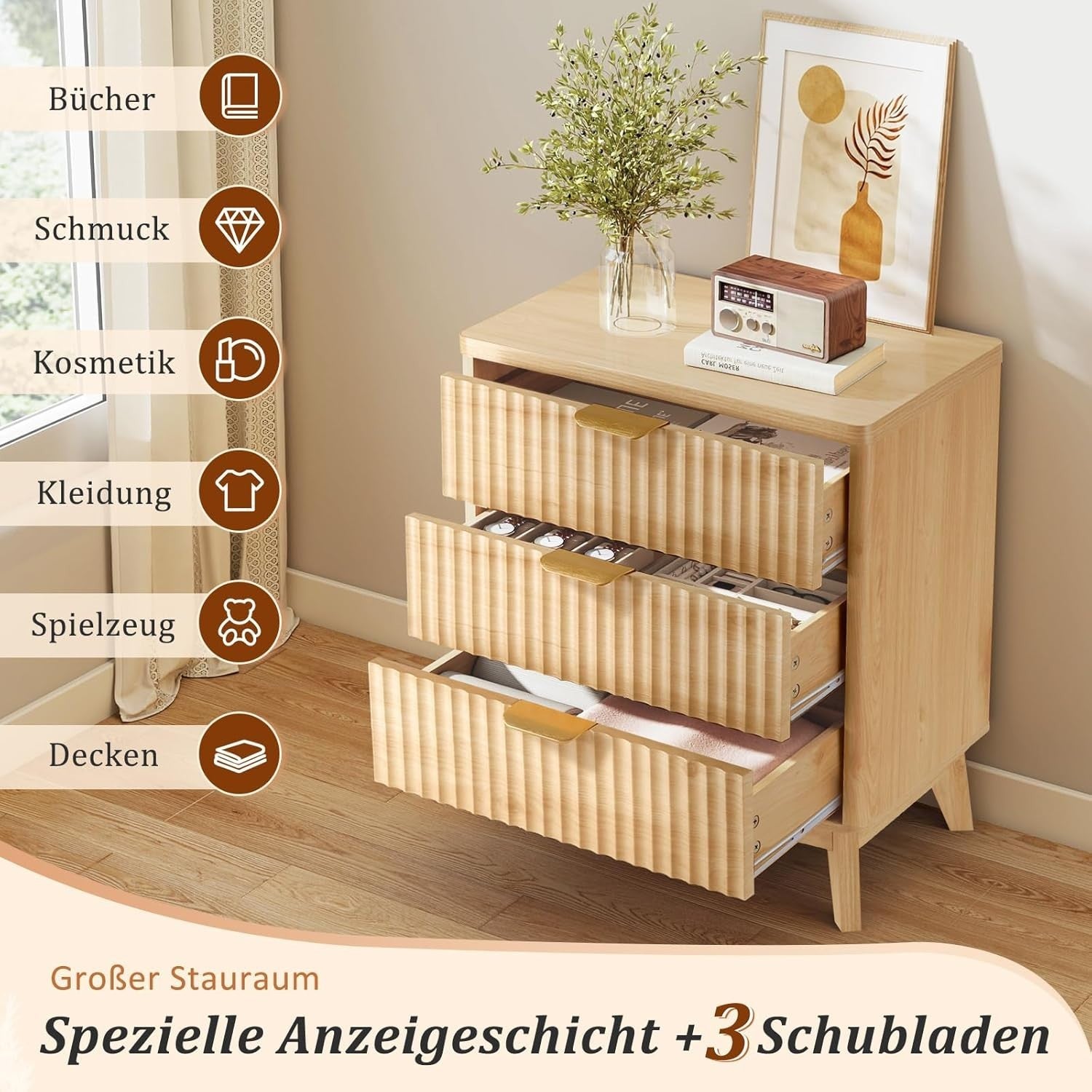 Wood Bedside Table with 3 Drawers Natural Nightstand for Bedroom & Living Room