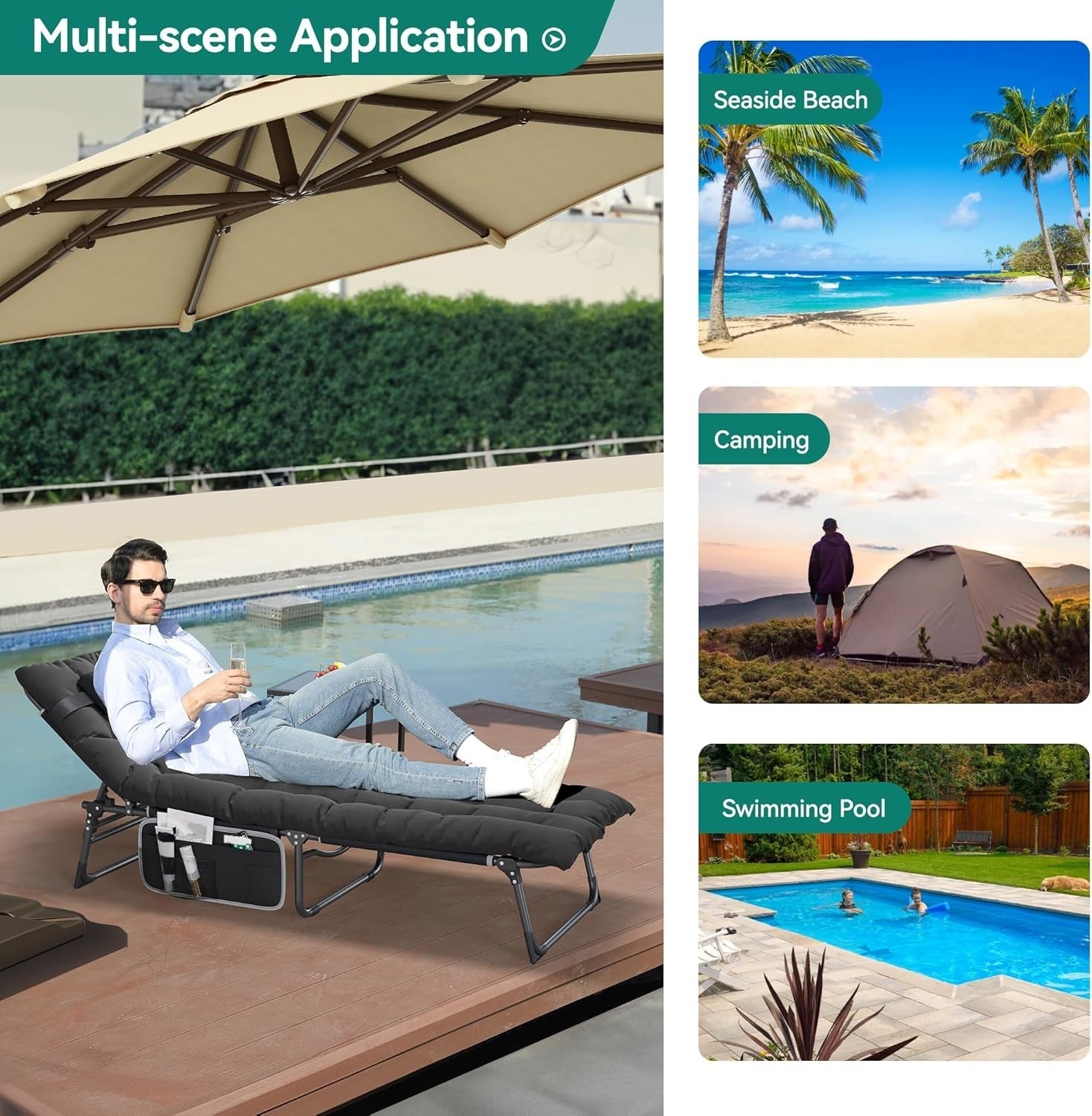 Folding Sun Lounger Recliner Bed w/ Cushion, 5-Position, Garden Camping