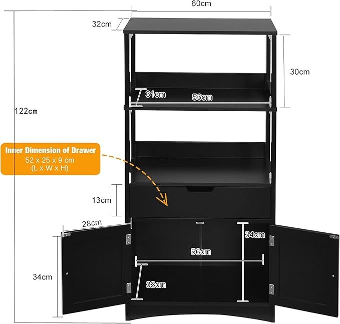Freestanding Black Kitchen Storage Cabinet with Shelves Drawer Cupboard Modern