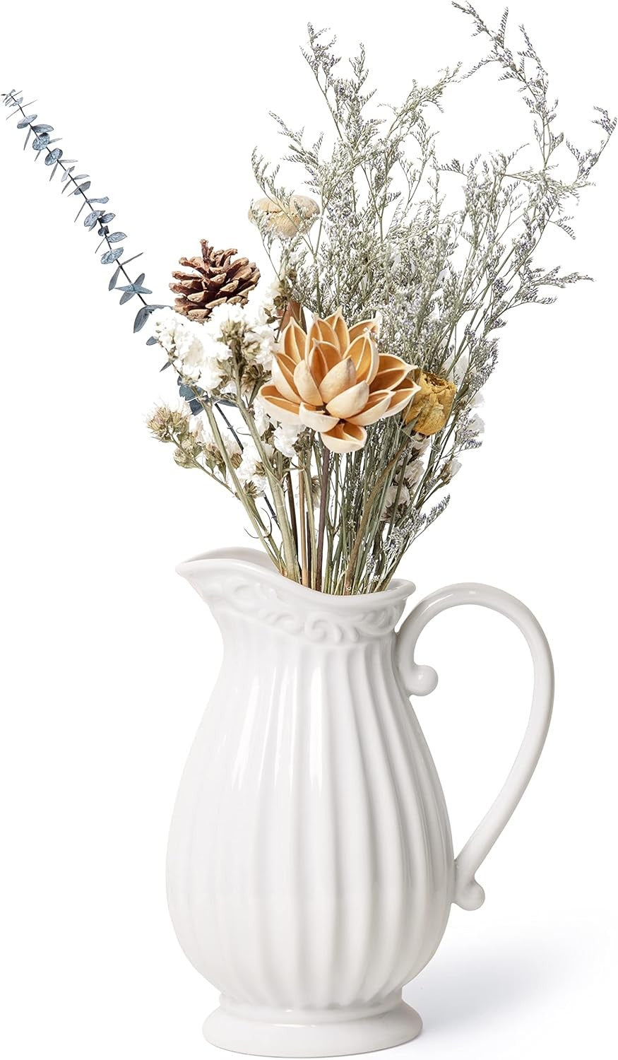 10 Inch White Ceramic Pitcher Vase Farmhouse Jug Fresh Flower Home Decor