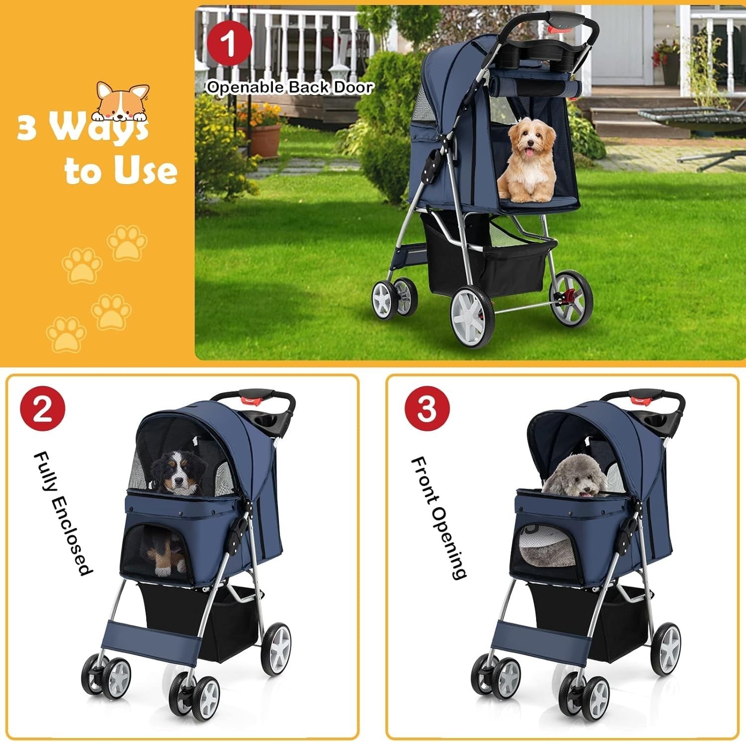 Blue Pet Stroller Foldable Dog Cat Pushchair 15kg Storage Basket