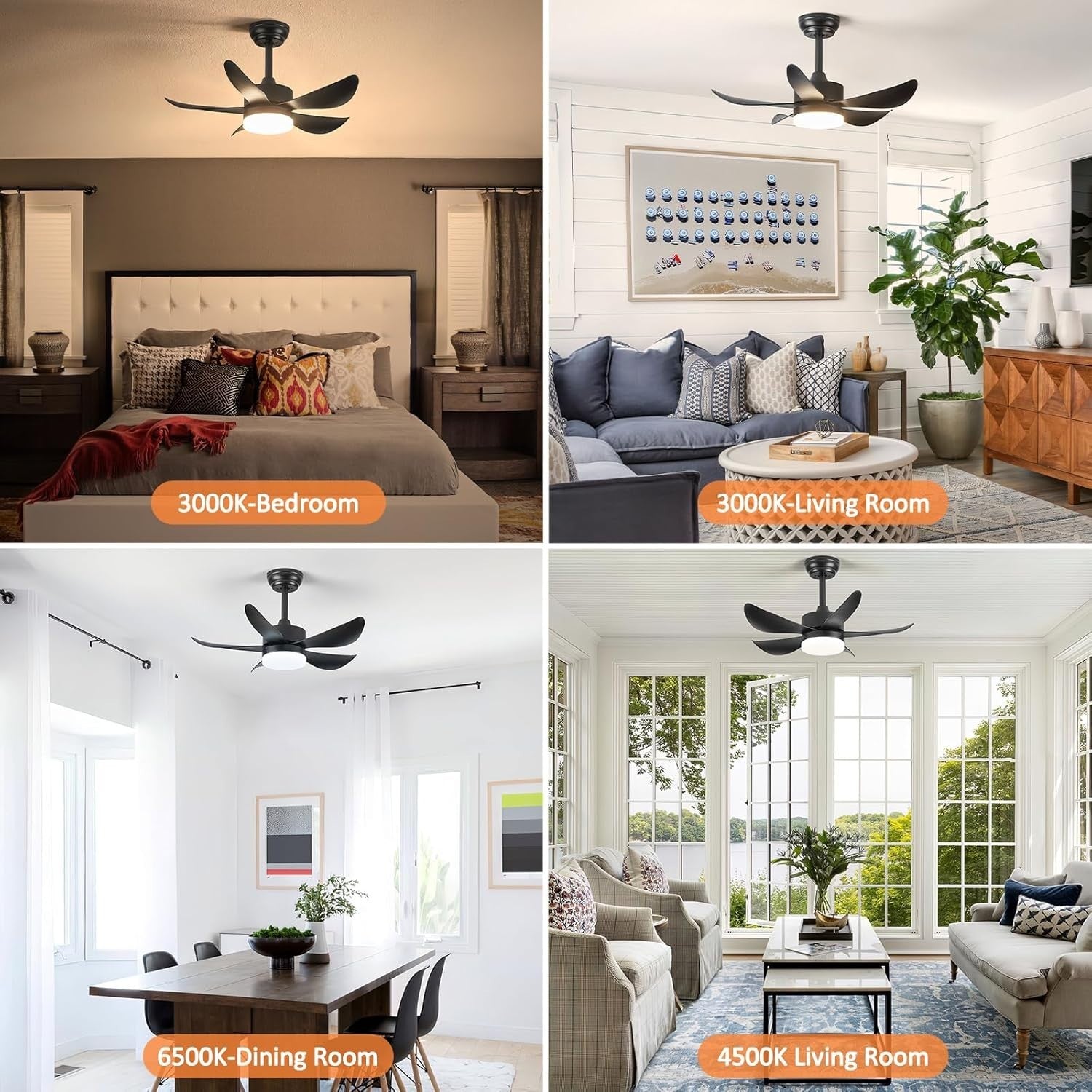 30" Black Ceiling Fan Light, 6 Speeds, Dimmable, Reversible, Quiet Smart Fan