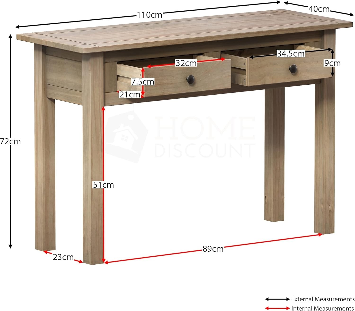 Natural Oak Console Table with 2 Drawers, Compact & Durable 40x110x72 cm