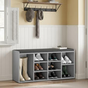 Grey Shoe Storage Bench with Cushion Seat 9 Cubes Adjustable Shelves Entryway